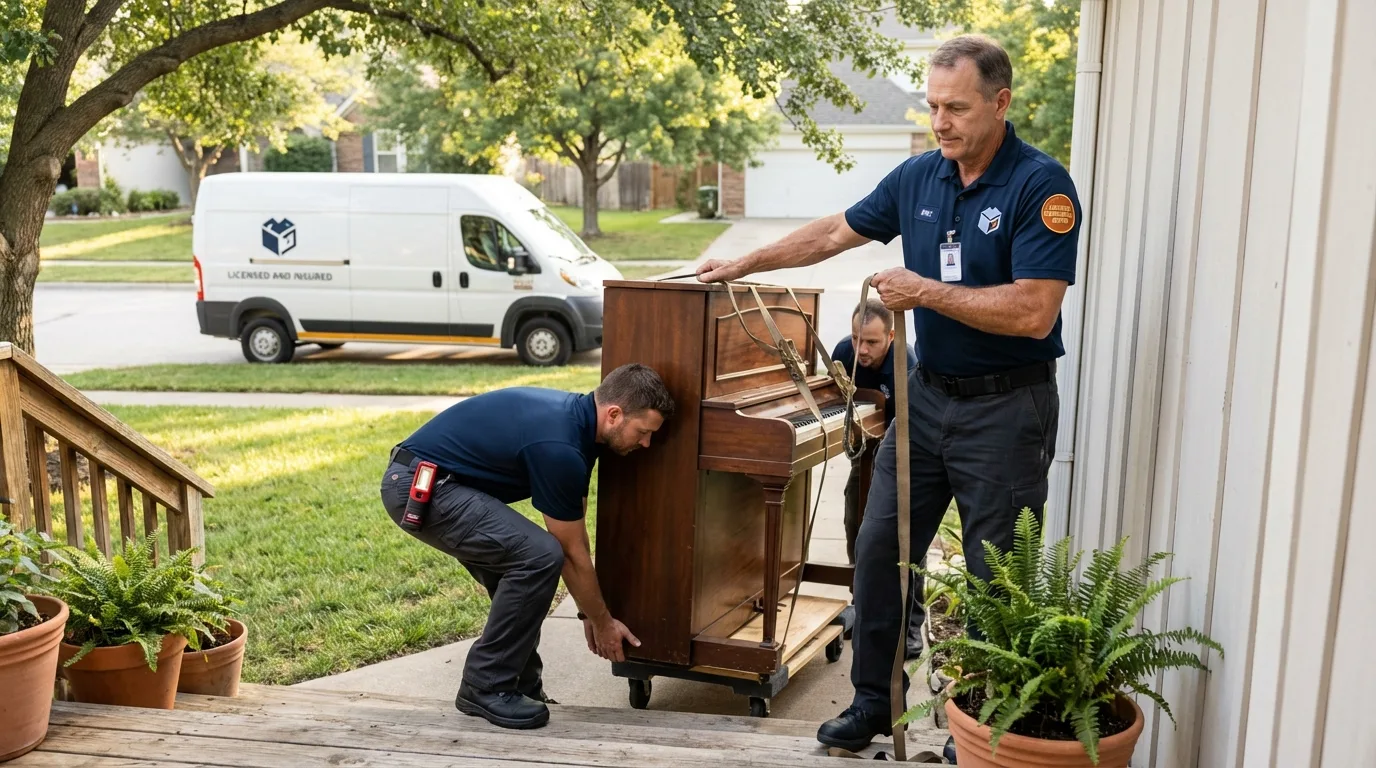 Licensed piano movers securing grand piano in Bronxville, NY