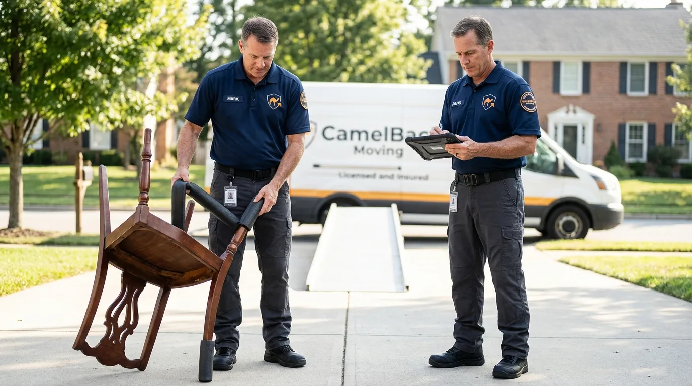 Movers inspecting furniture for damage prevention before loading in Bronxville, NY