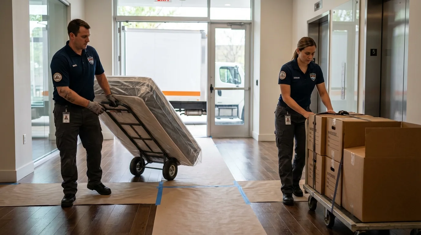 Professional apartment movers loading elevator in Bronxville, NY